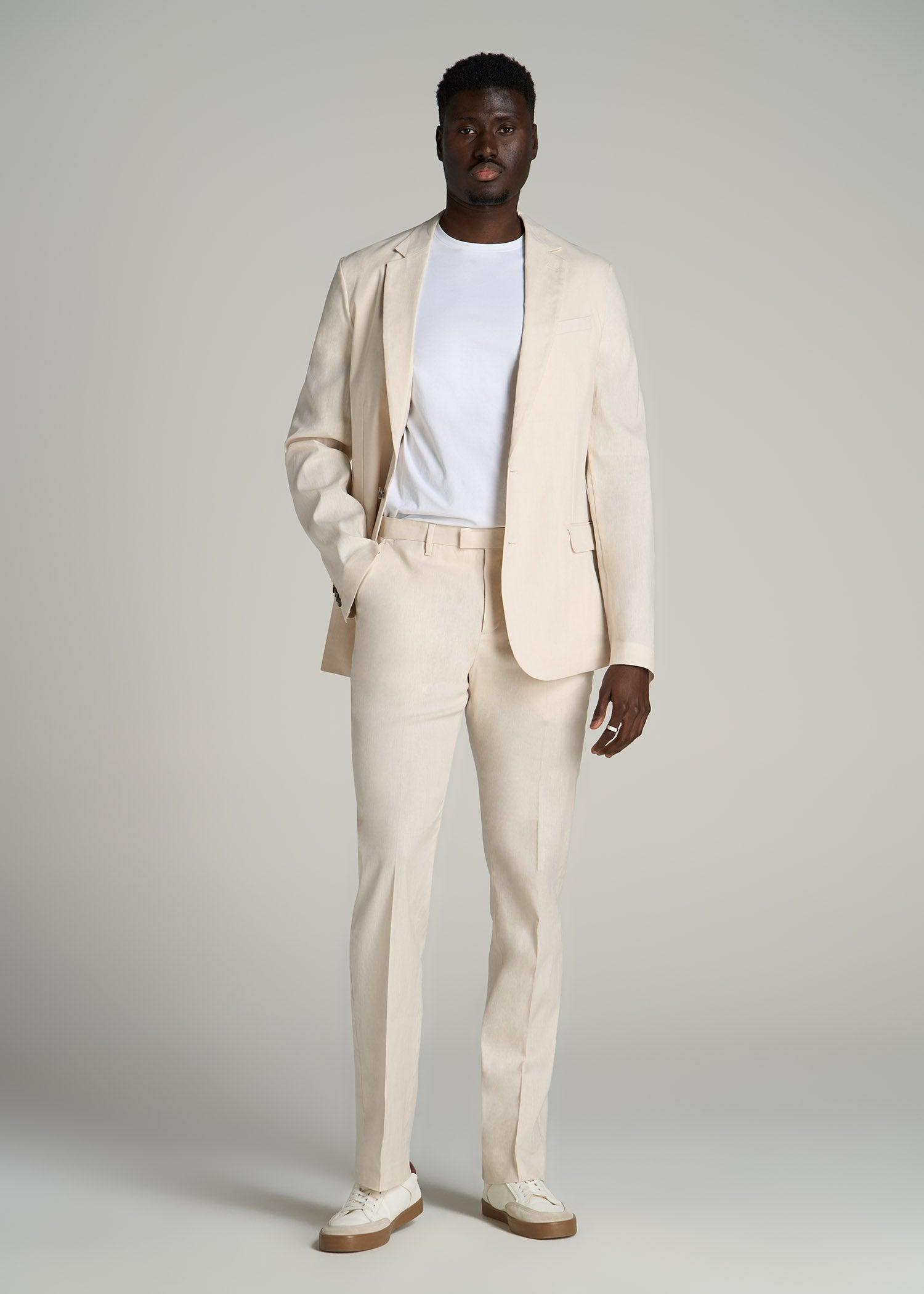 Stretch Linen Dress Pants for Tall Men in Light Beige Linen Product Image