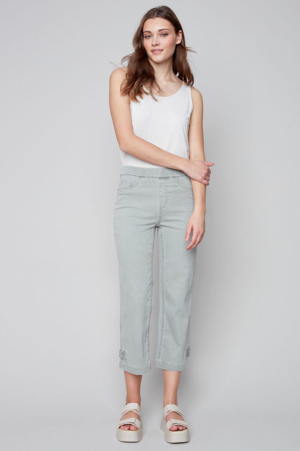 Pull on denim pant with side button detail Product Image