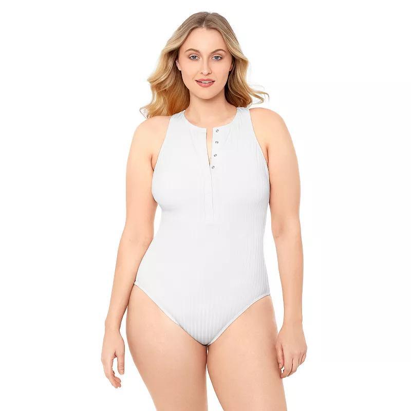 Womens S3 Swim Smoothing Ribbed High Neck Snap Front One Piece Swimsuit, Womens Product Image