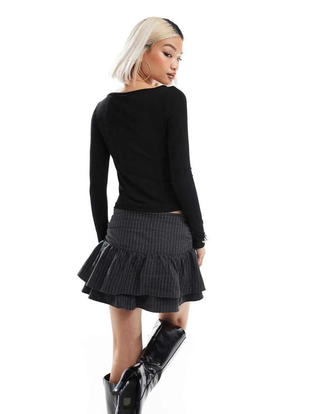 Pull&Bear bow detail pinstripe mini skirt in dark gray Product Image