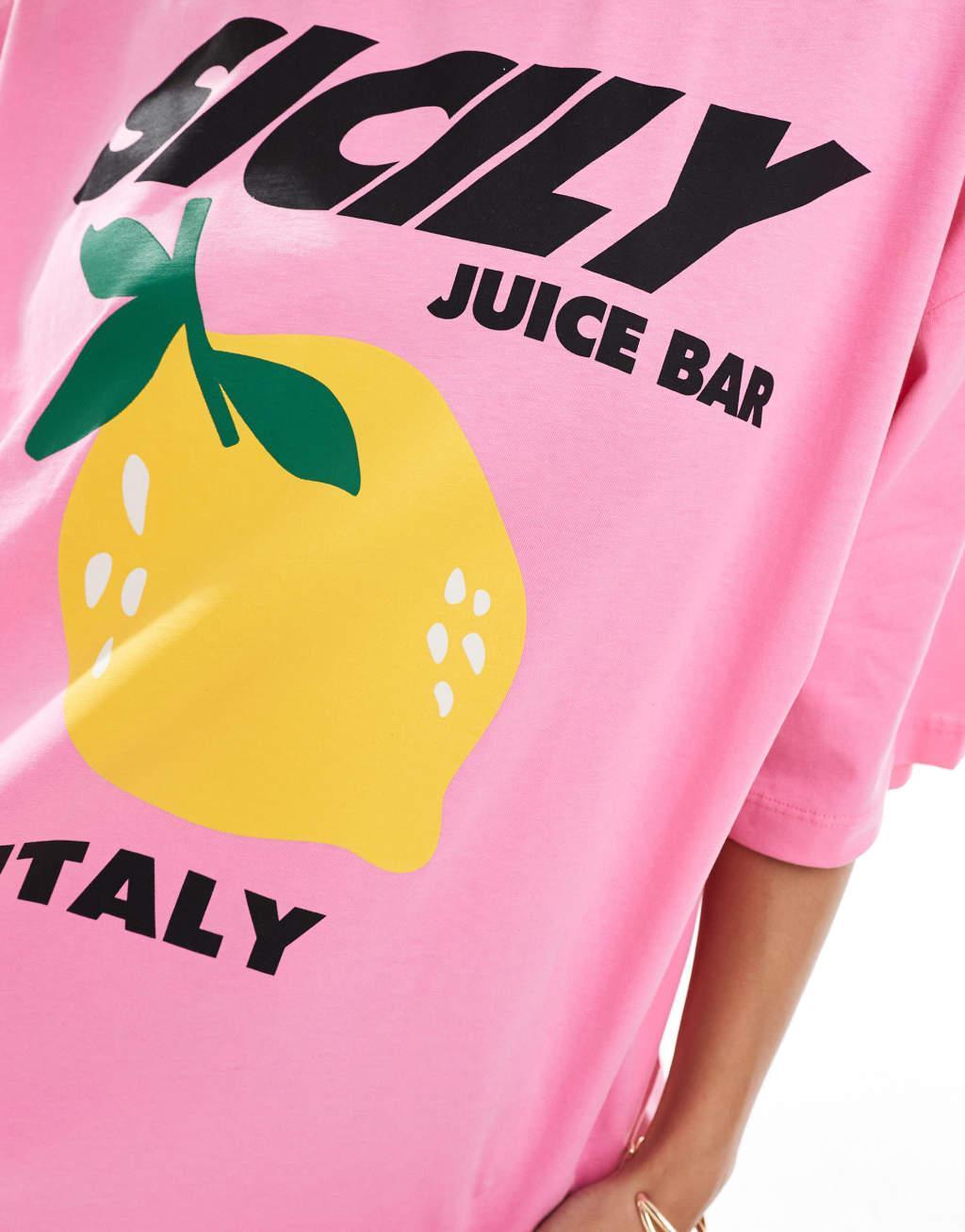 ASOS DESIGN oversized t-shirt with sicily lemon graphic in pink Product Image