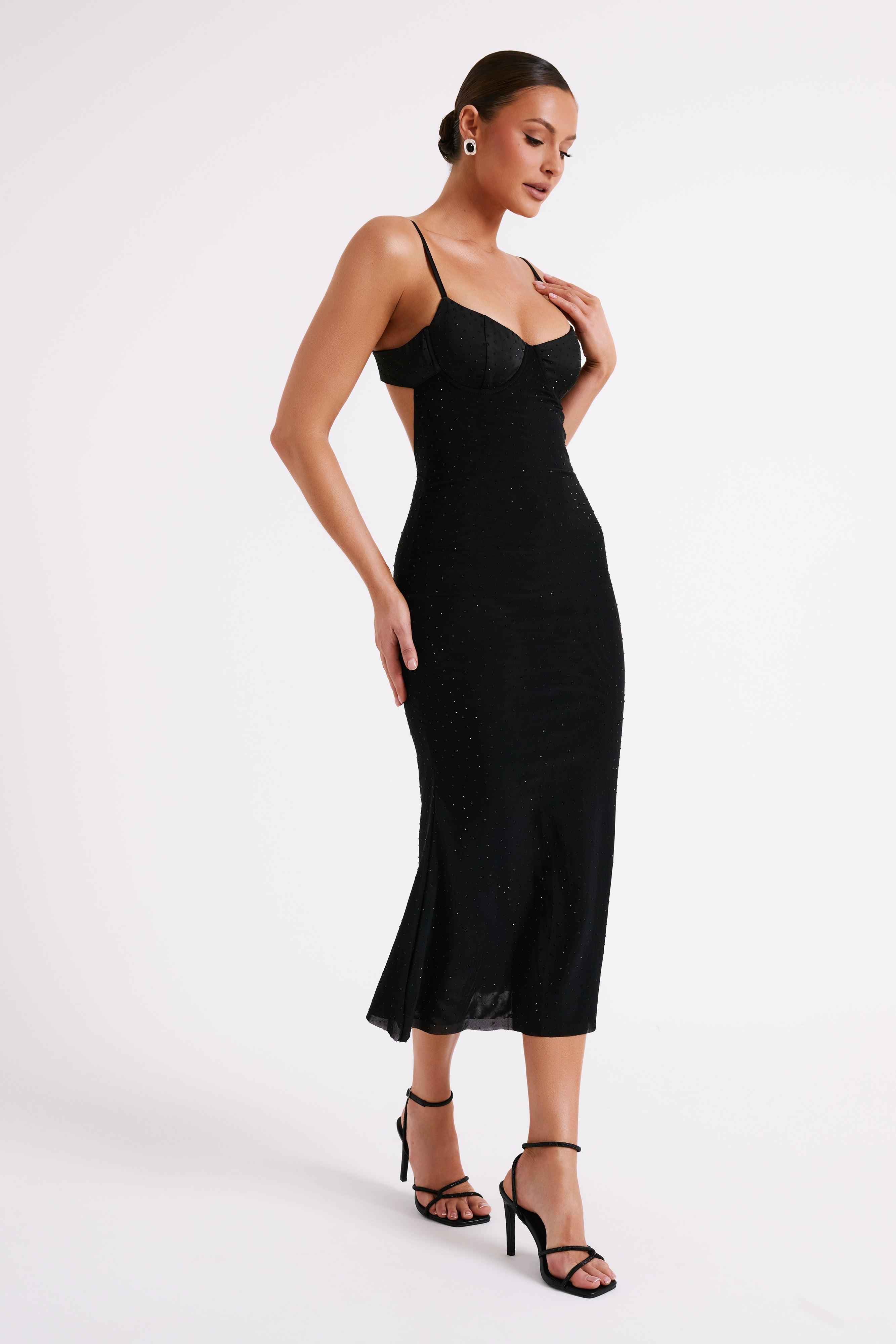 Novah Hot Fix Mesh Midi Dress - Black Product Image