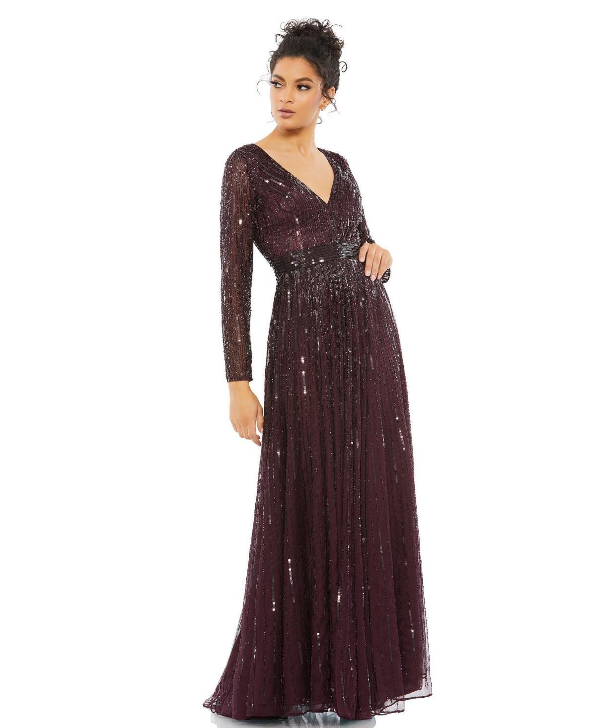 Mac Duggal Sequin & Bead Stripe Long Sleeve Mesh Gown Product Image