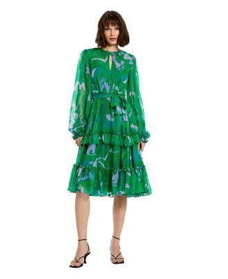 Women's Printed Chiffon Bishop Sleeve Ruffle Midi Dress Product Image