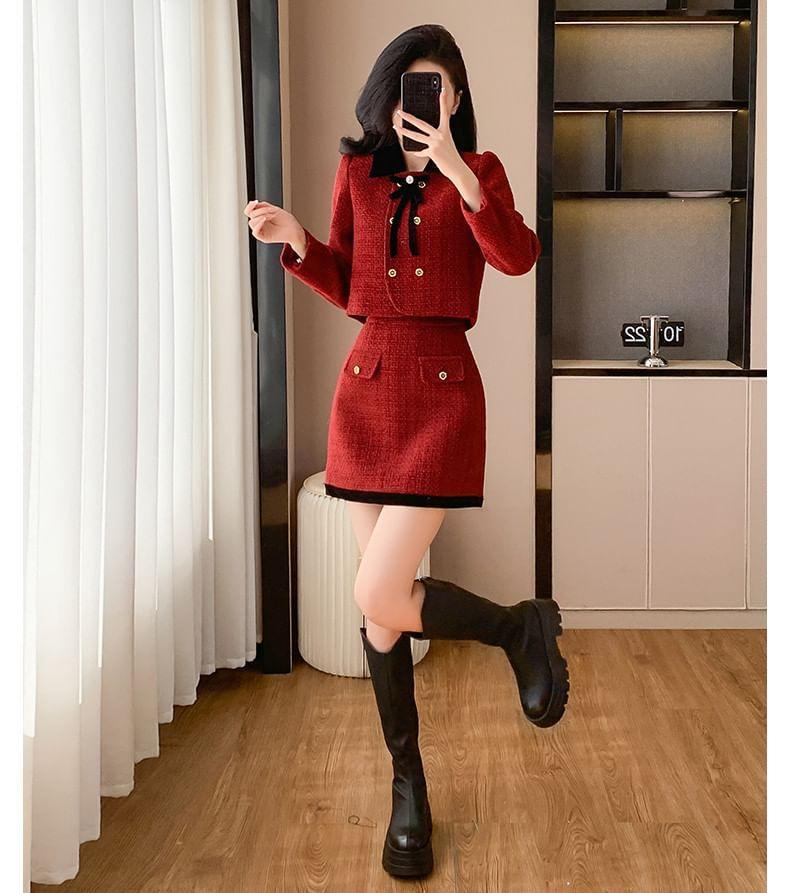 Set: Tweed Double-Breasted Jacket + High Rise Mini A-Line Skirt Product Image