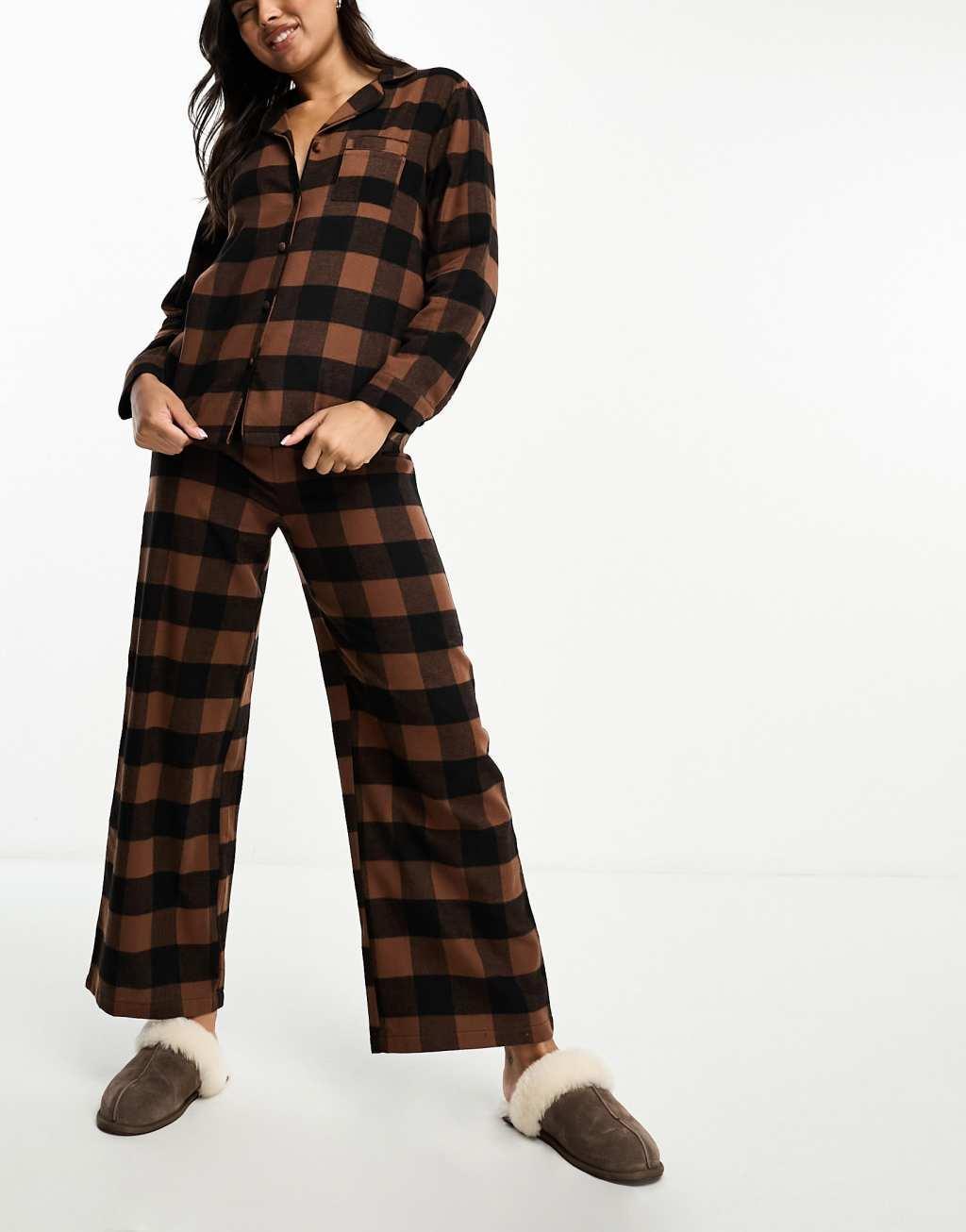 Loungeable brushed cotton long sleeve buttoned pajama pants set in checked chocolate brown Product Image