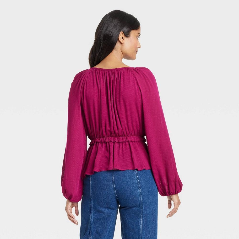 Women's Long Sleeve Tie-Front Peplum Blouse - Universal Thread™ Maroon M Product Image