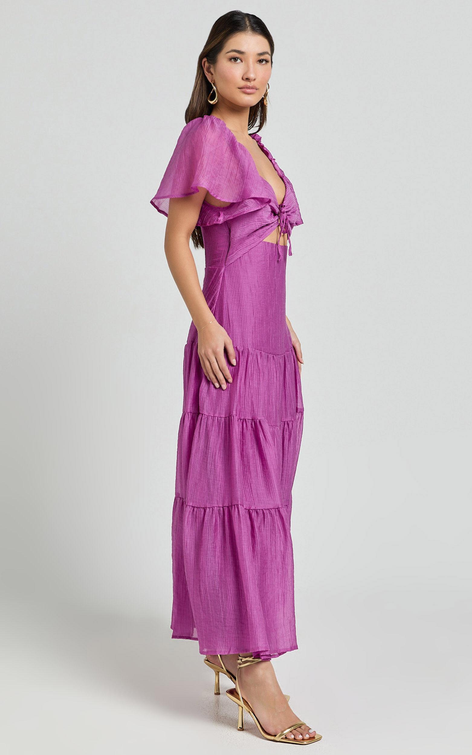 Patricia Midi Dress - Flutter Sleeve Tie Front Tiered Dress in Orchid Product Image