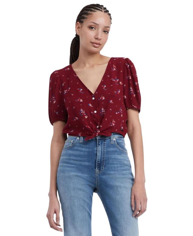 Tommy Jeans Womens Floral Balloon-Sleeve Tie-Front Blouse Product Image