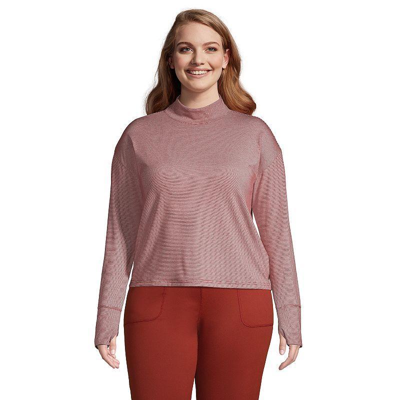 Plus Size Lands End Performance Mockneck Tee, Womens Red Red Pinstripe Product Image