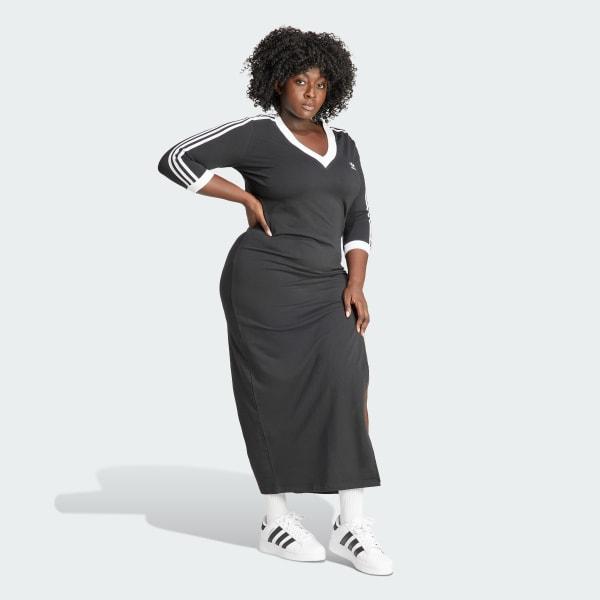 adidas Adicolor Classics 3-Stripes V-Neck Maxi Dress (Plus Size) Black 1X Womens Product Image