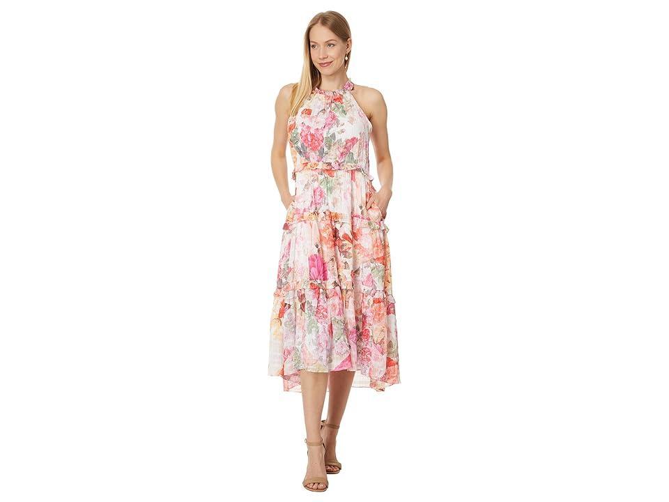 Vince Camuto Floral Metallic Stripe High-Low Tiered Midi Dress Product Image