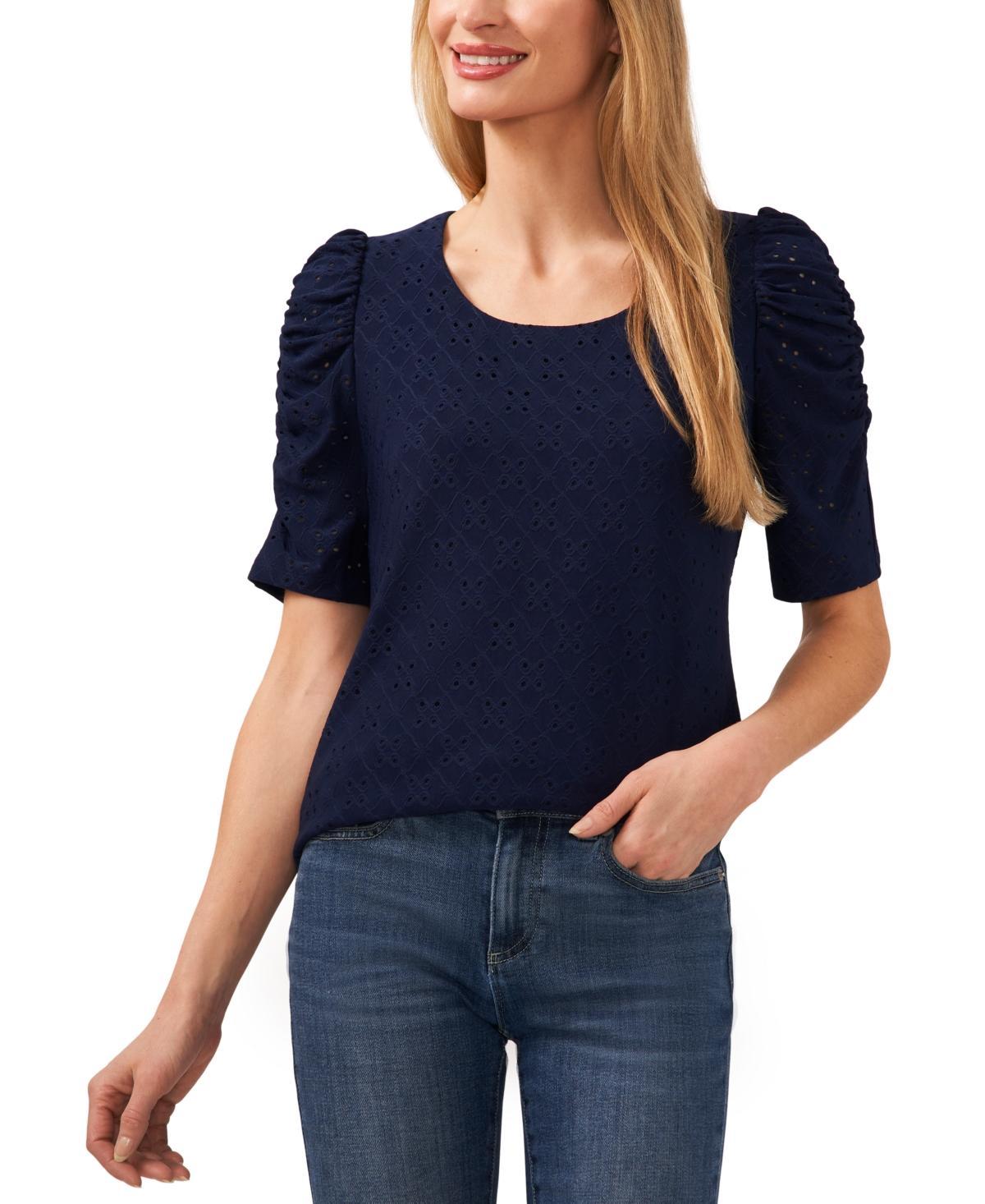 CeCe Womens Short Sleeve Eyelet-Embroidered Knit Top Product Image