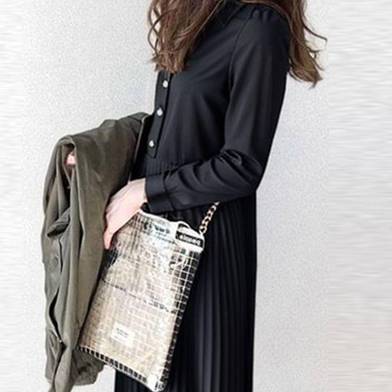 Long-Sleeve Collar Plain Button Accordion Pleated Midi A-Line Dress Product Image