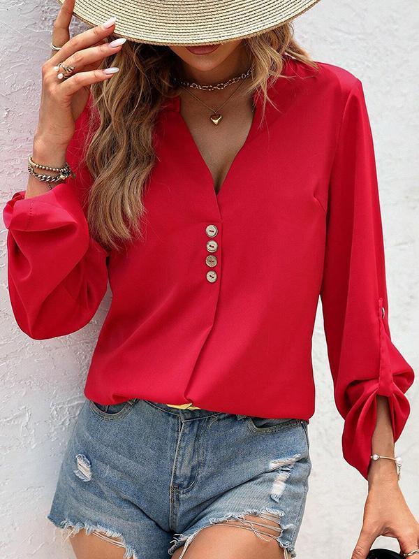 Long Sleeves Loose Buttoned Split-Joint V-Neck Blouses&Shirts Tops Product Image