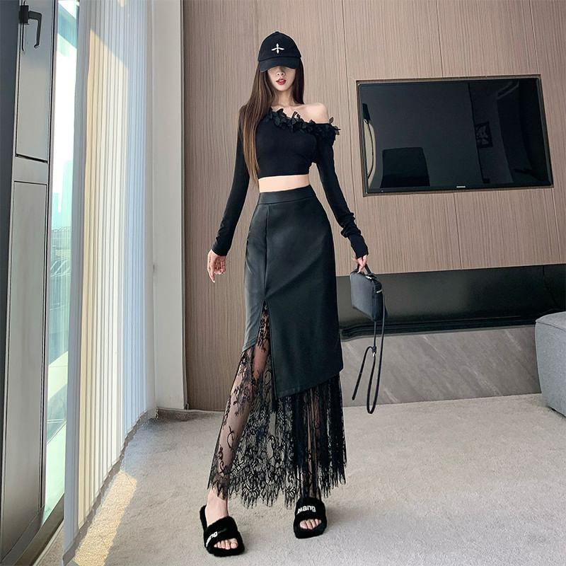 High Waist Plain Asymmetrical Lace Panel Maxi Pencil Skirt Product Image