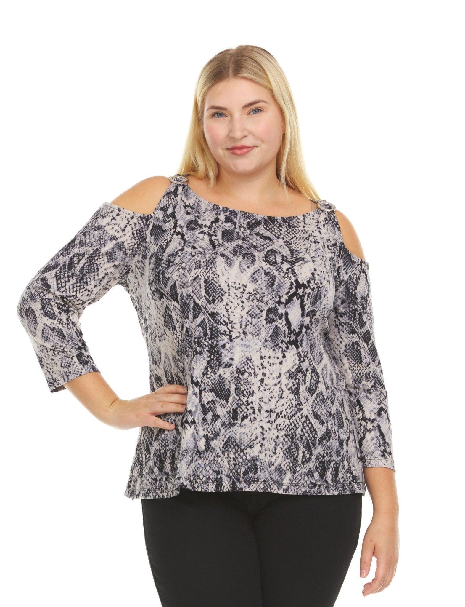 Python Print 3/4 Sleeve Cold Shoulder Top With Shoulder Strap Grommet- plus Product Image