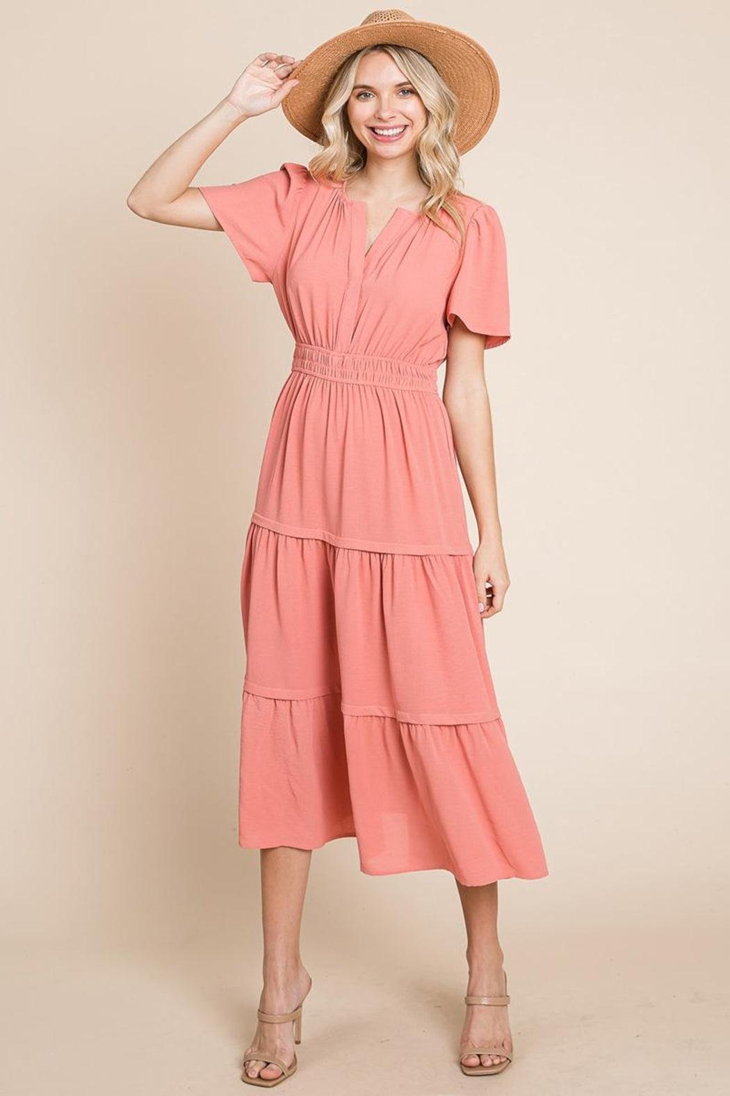 V Neck Short Sleeve Layered Maxi Dress Product Image