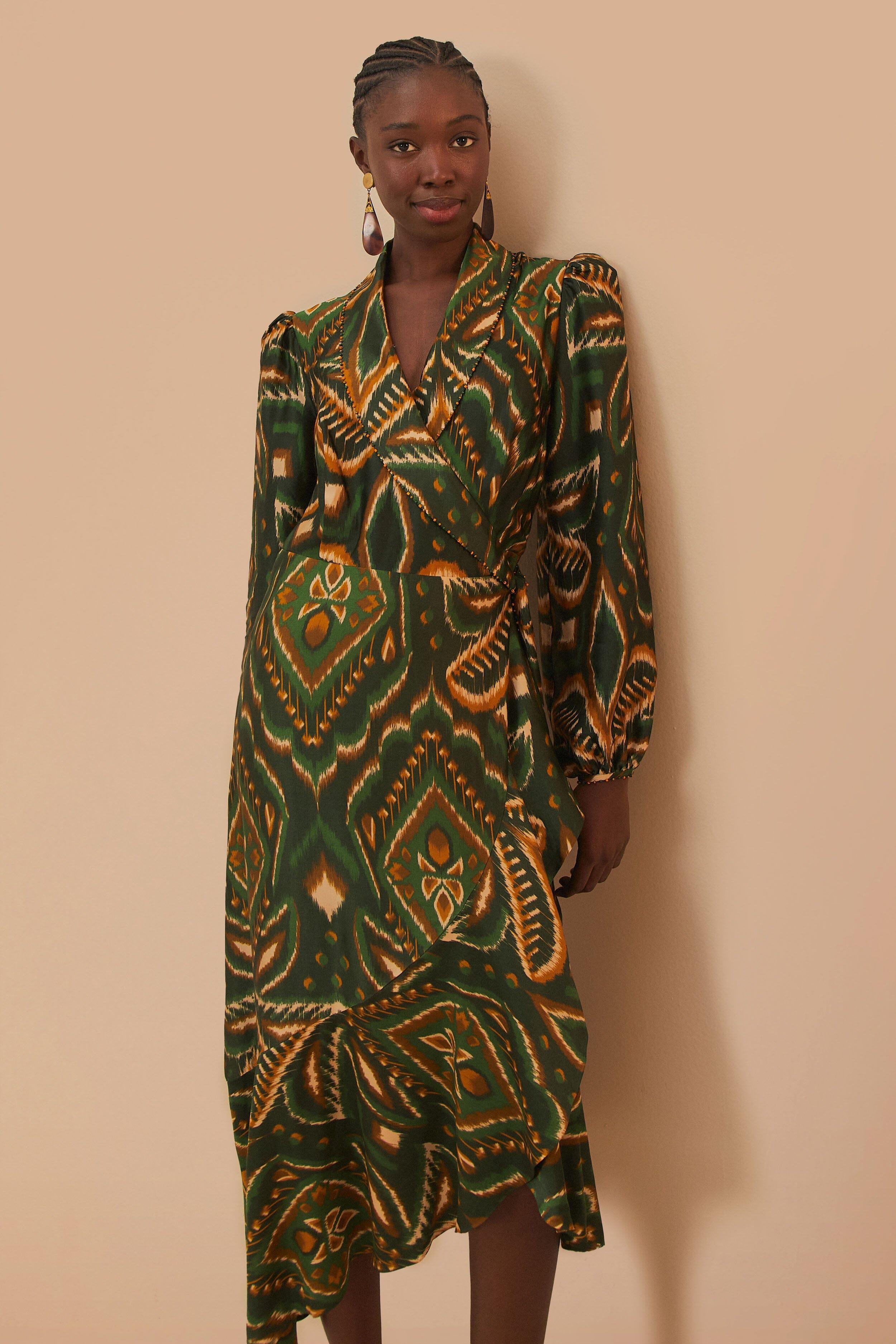 Green Pineapple Ikat Long Sleeve Midi Dress Product Image