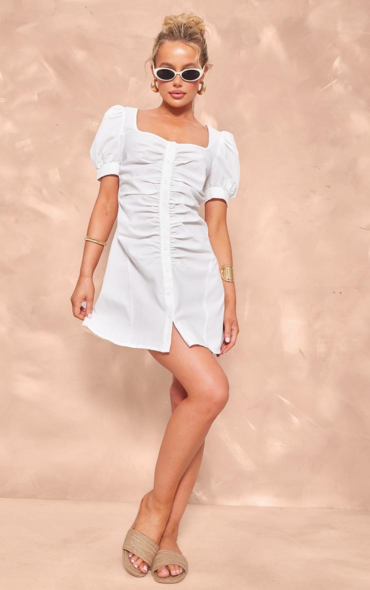 White Cotton Poplin Ruched Button Shift Dress Product Image