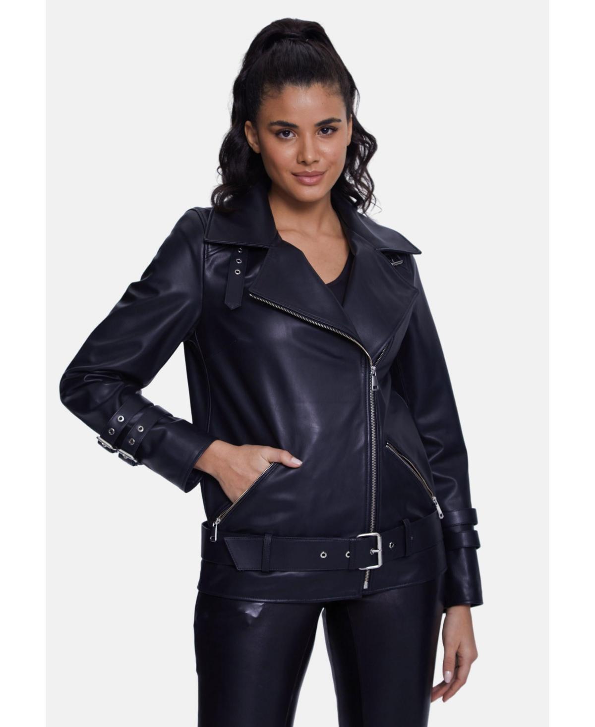 Furniq Uk Womens Genuine Leather Belted Biker Jacket,Nappa Black Product Image