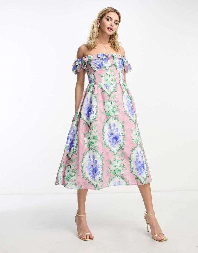 Hope & Ivy off shoulder midi dress in blue floral Product Image