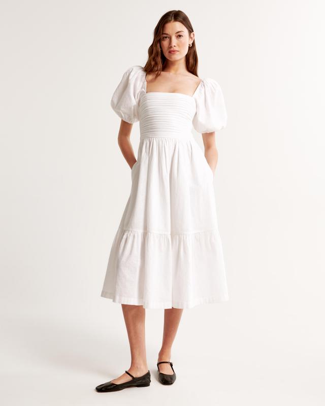 The A&F Emerson Linen-Blend Puff Sleeve Midi Dress Product Image