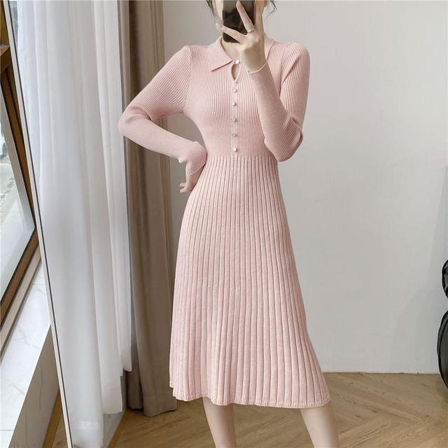 Long-Sleeve Collared Plain Ribbed Knitted Midi A-Line Dress Product Image