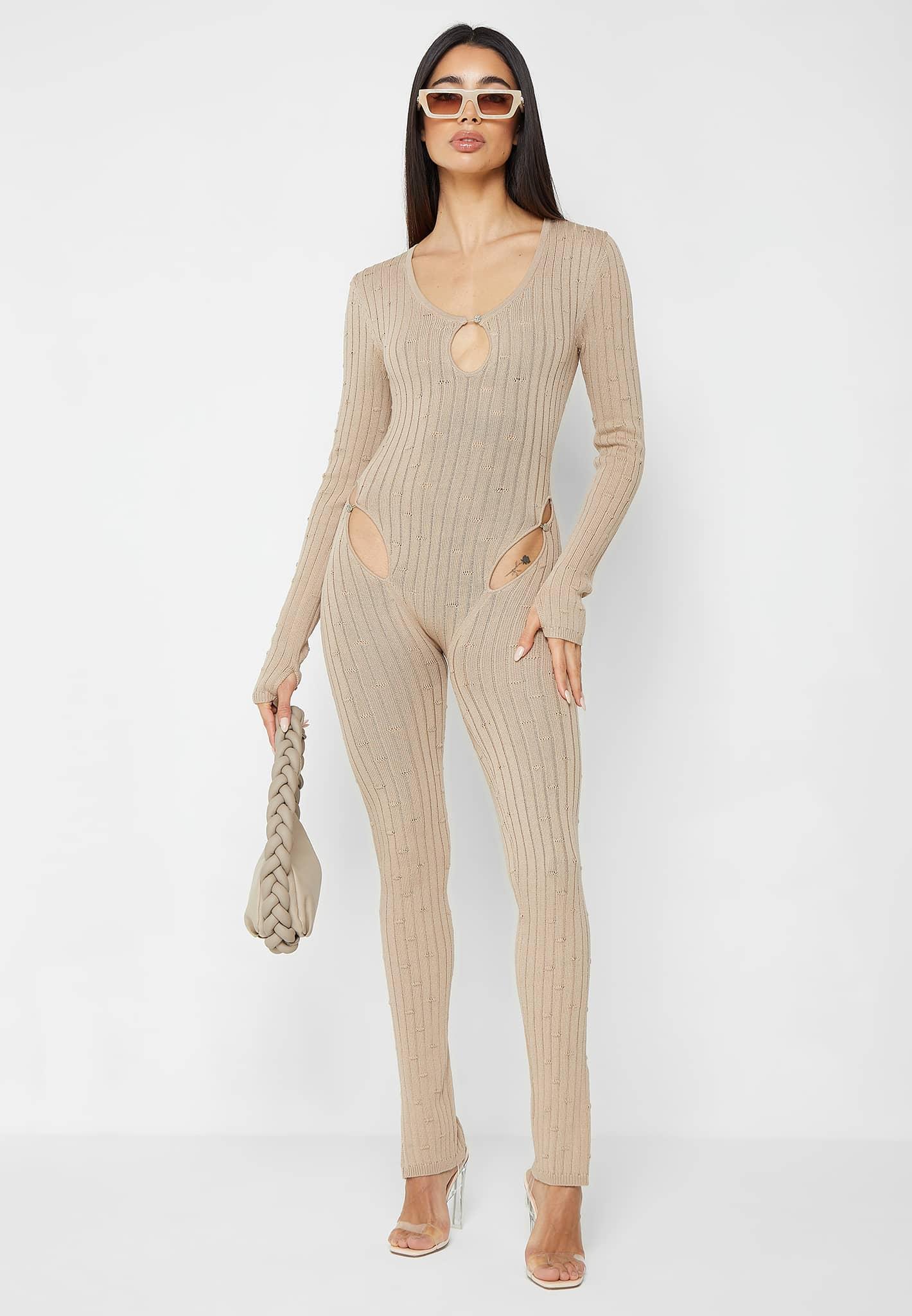 Distressed Knitted Cut Out Jumpsuit - Taupe Female Product Image