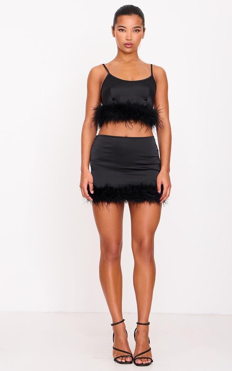 Black Textured Satin Feather Trim Strappy Top Product Image