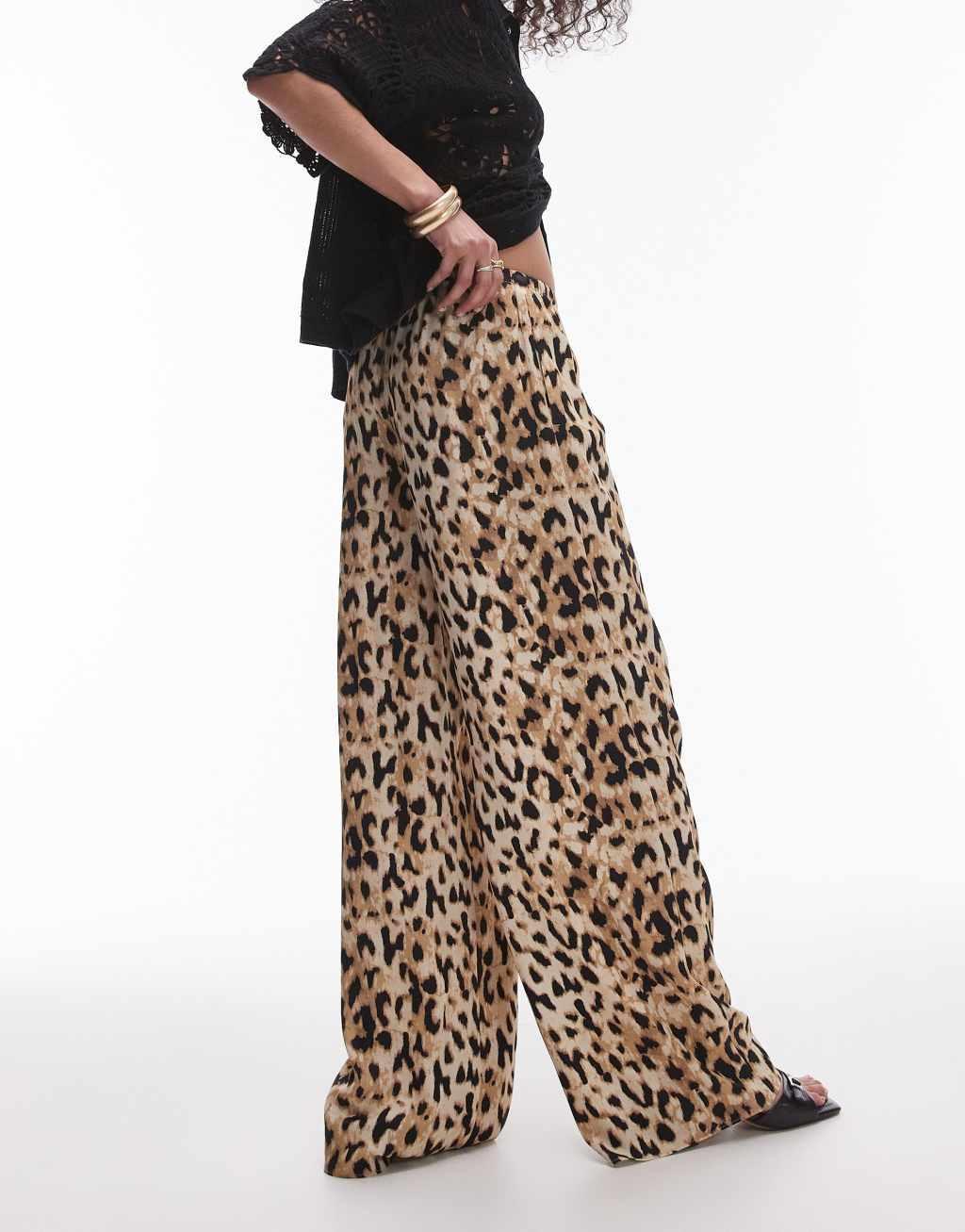 Topshop leopard printed satin straight leg tie waist pants in light leopard Product Image