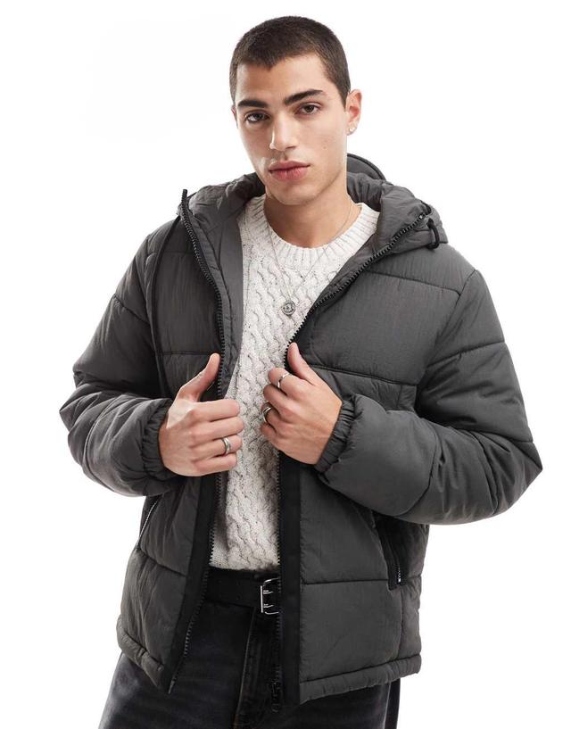 ASOS DESIGN nylon puffer jacket with contrast trims in gray Product Image