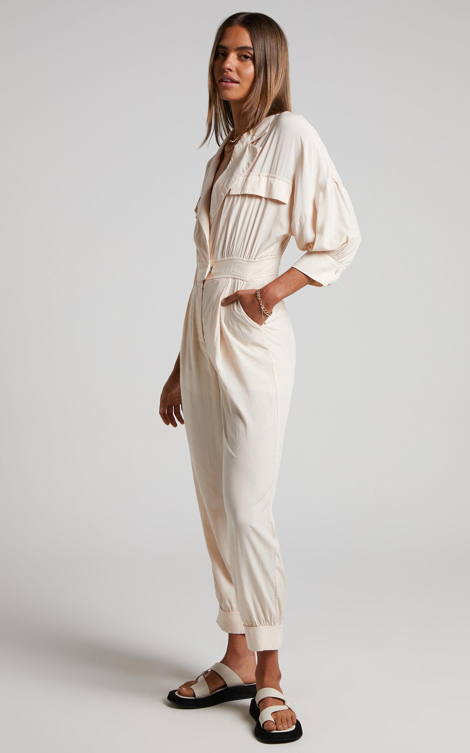 Ayelin Jumpsuit - Linen Look Relaxed 3/4 Sleeve Jumpsuit in Cream Product Image