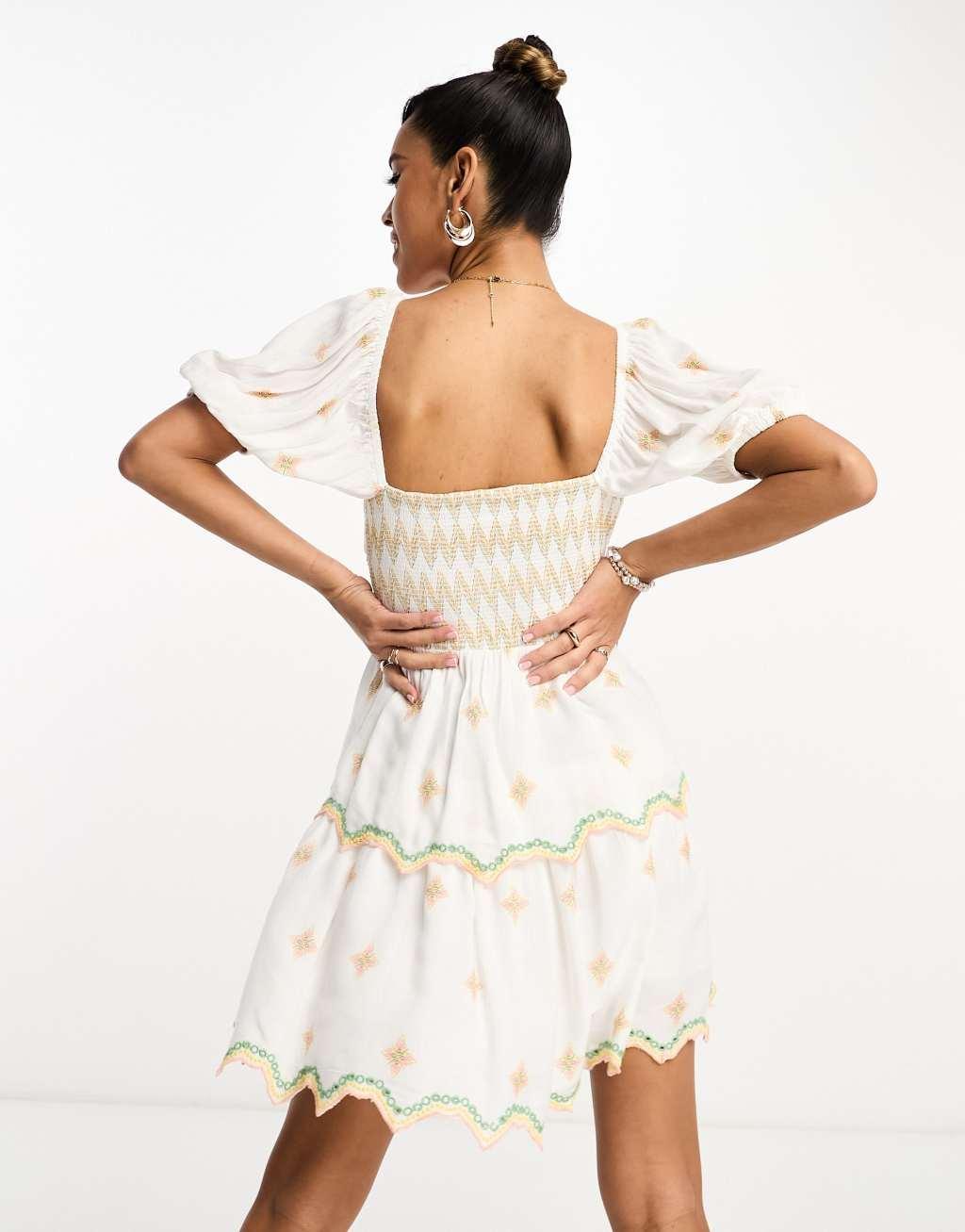 River Island embroidered tiered mini beach dress in white  Product Image