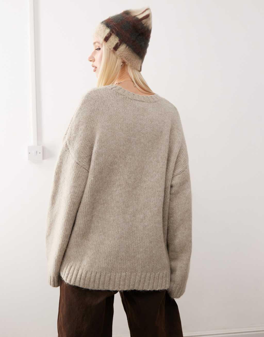 Monki crew neck knitted sweater in beige Product Image