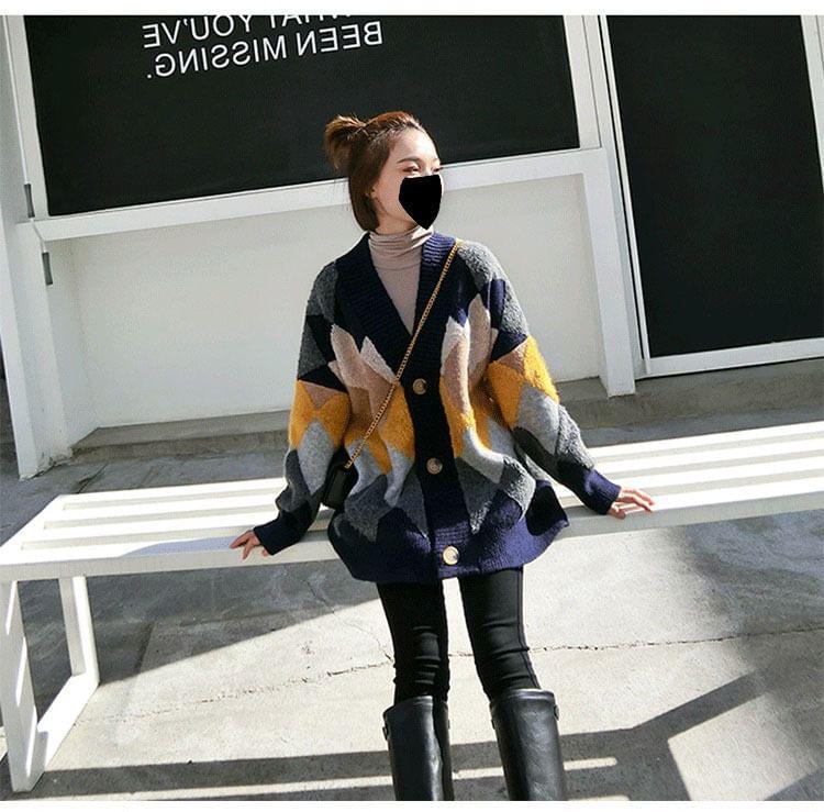 V-Neck Color Block Cardigan Product Image