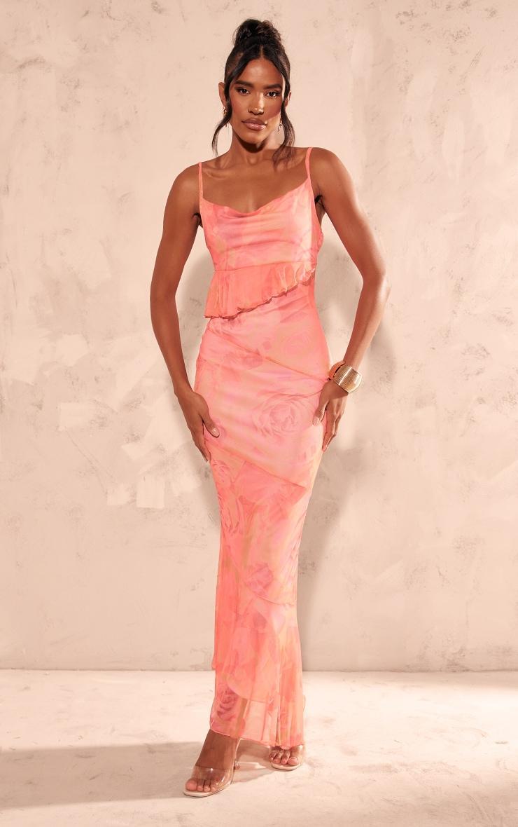 Pink Printed Mesh Frill Cowl Back Maxi Dress Product Image