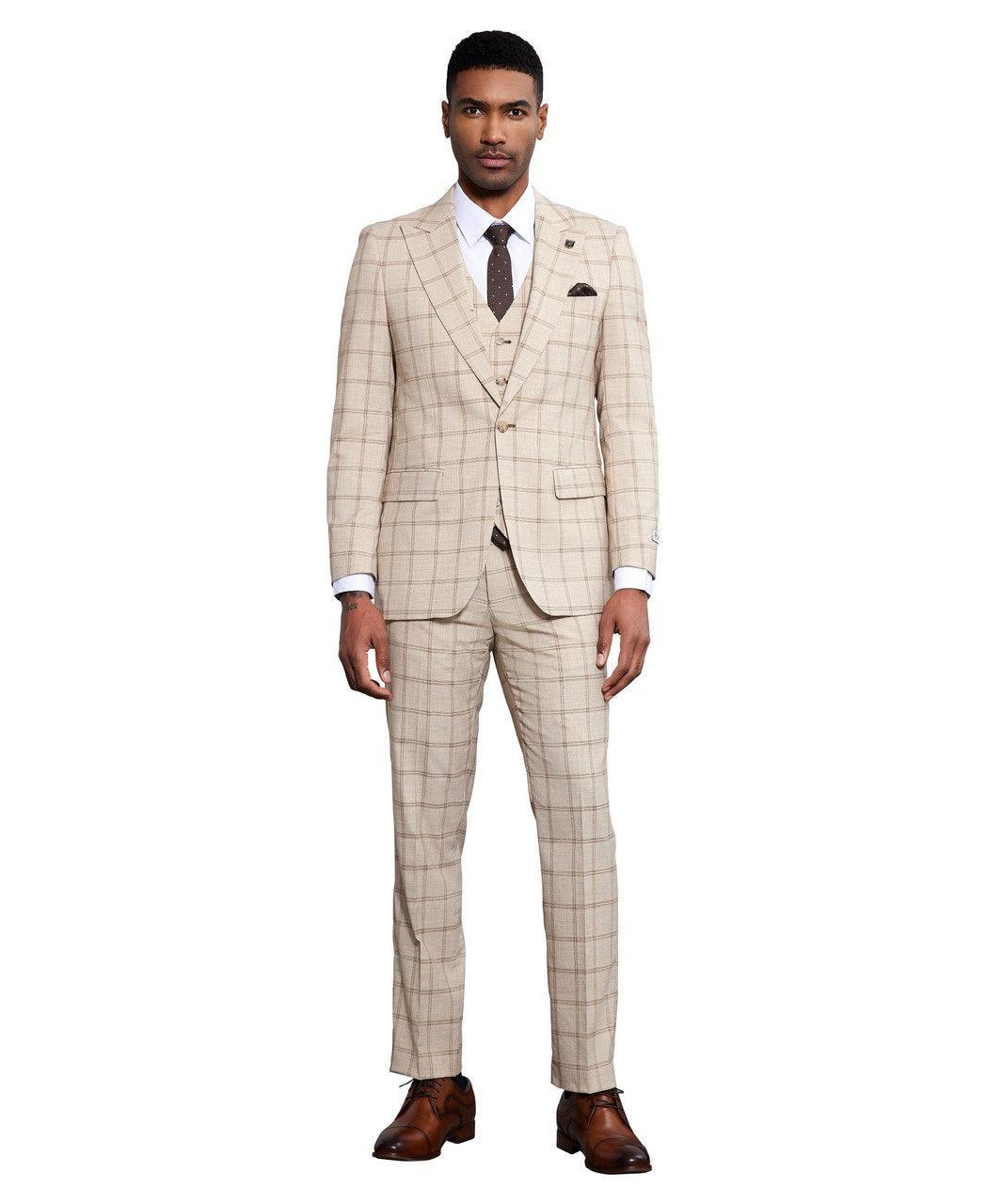 Stacy Adams 3 Piece Windowpane Suit Hybrid Fit in Tan with Adjustable Waistband Product Image