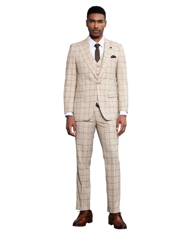 Stacy Adams 3 Piece Windowpane Suit Hybrid Fit in Tan with Adjustable Waistband Product Image