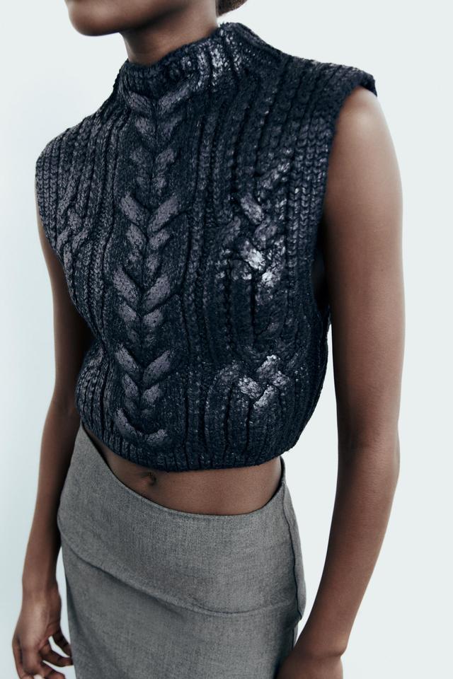 METALLIC CABLE KNIT VEST Product Image