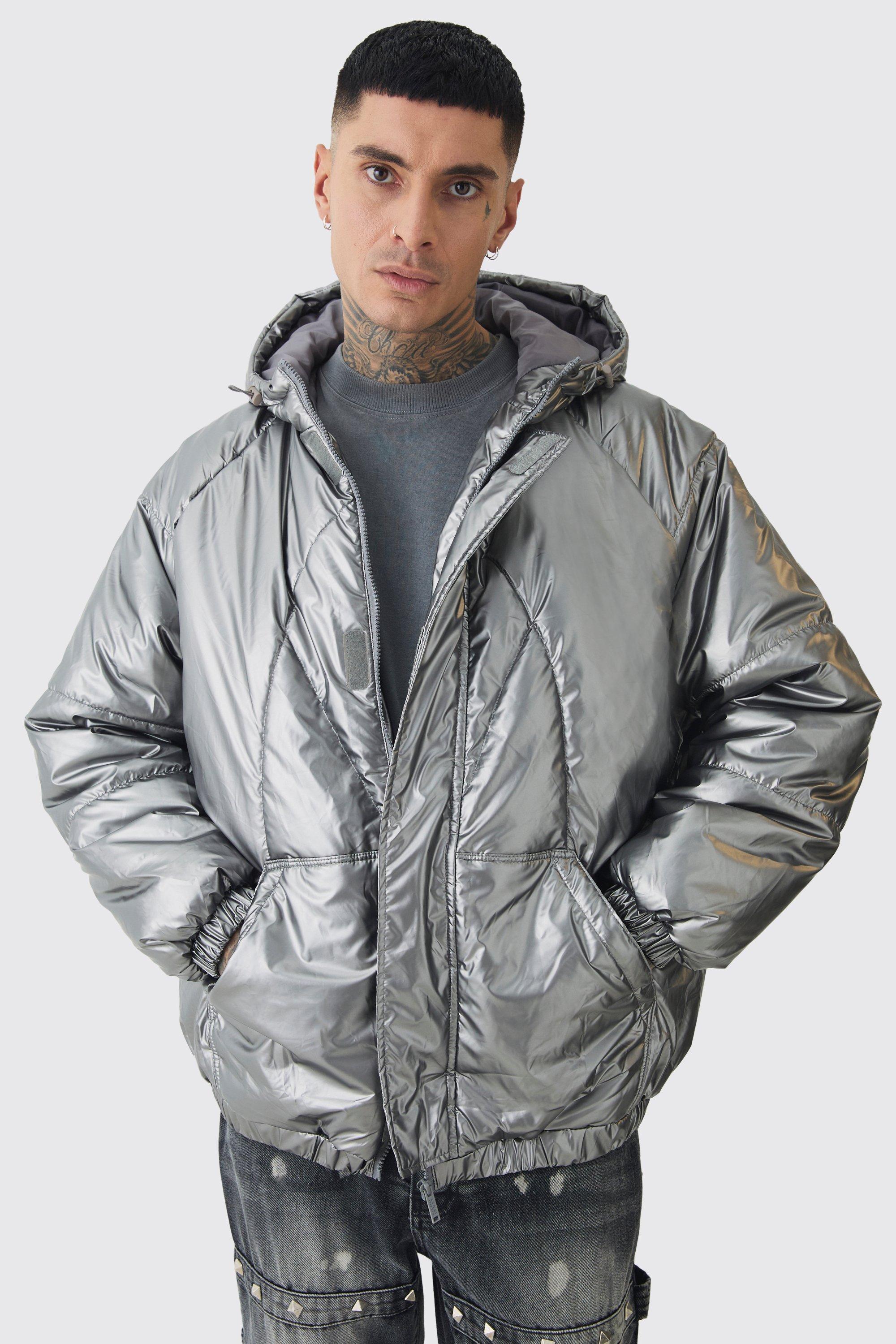 Mens Grey Tall Oversized Metallic Hooded Puffer Jacket In Charcoal, Grey Product Image