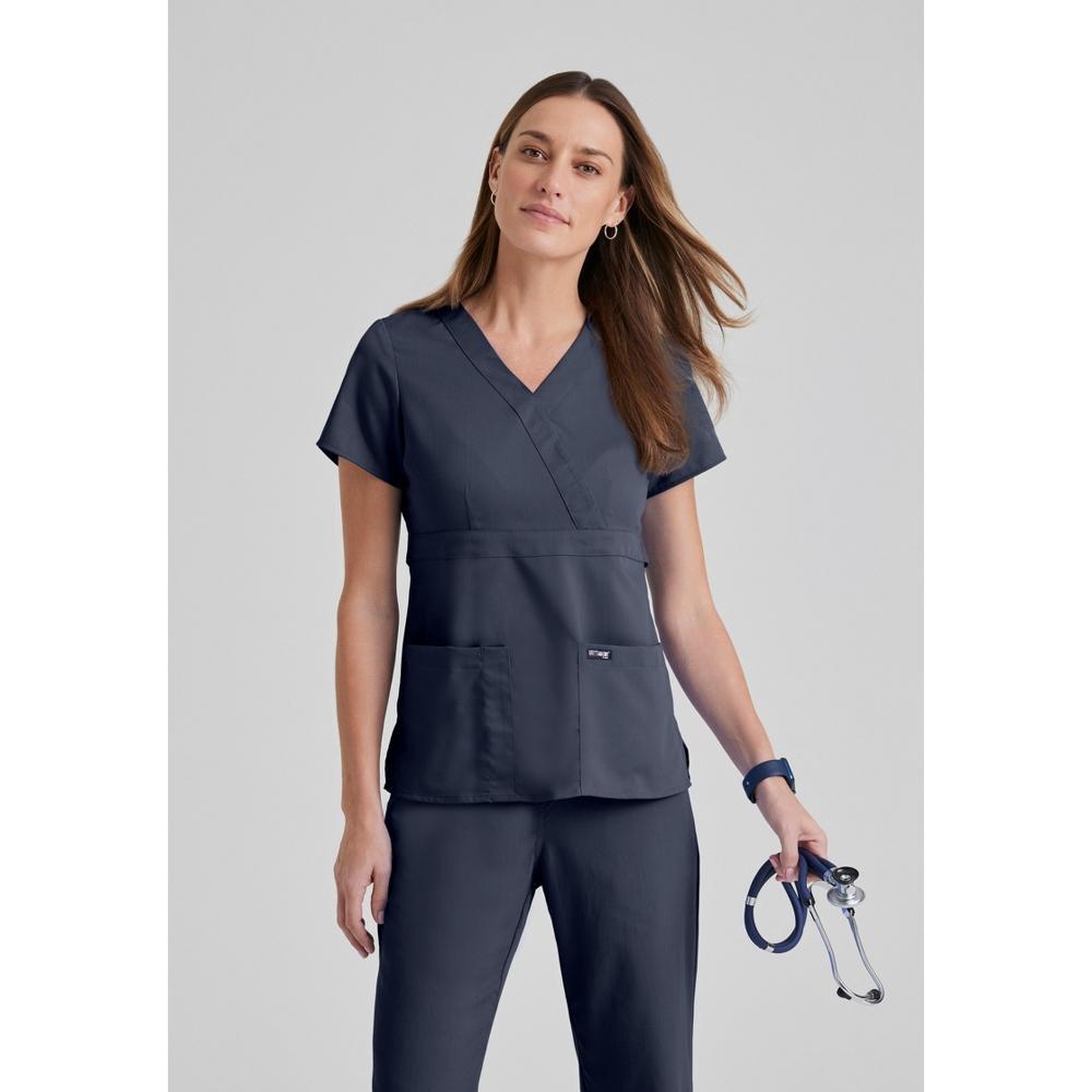 Grey's Anatomy by Barco Classic Women's Riley 3-Pocket Mock Wrap V-Neck Srub Top 4X Large Steel. Product Image