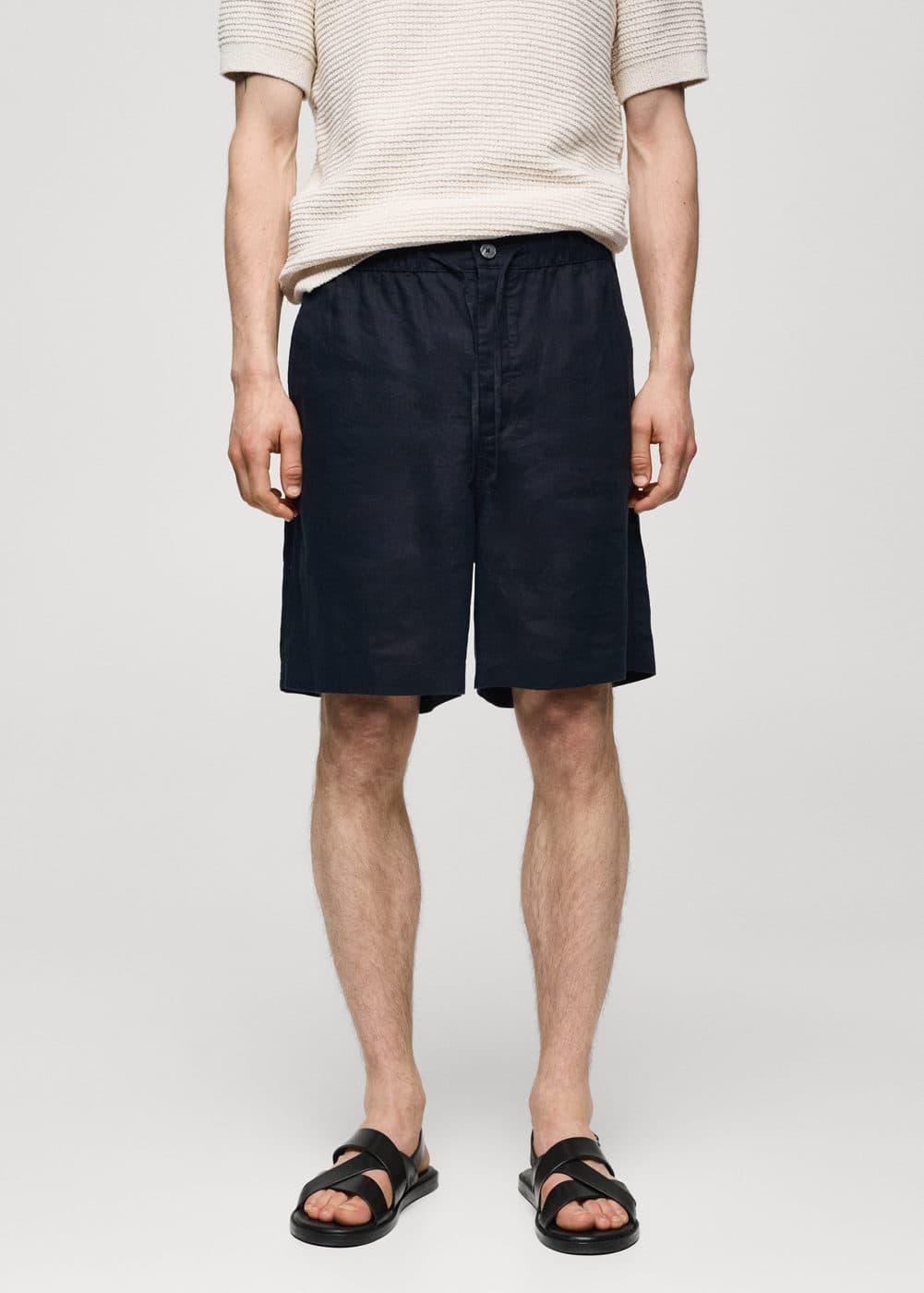 MANGO MAN - 100% linen bermuda shorts with drawstring navyMen Product Image