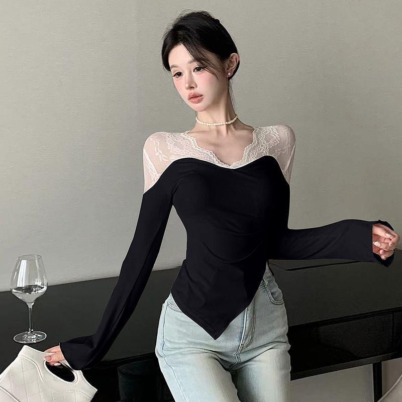 Long Sleeve V-Neck Plain Asymmetrical Panel Lace Top Product Image