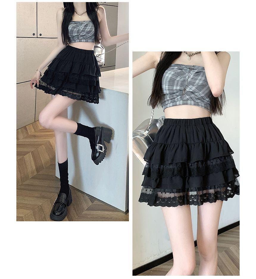 High Rise Plain Lace Trim Mini A-Line Layered Skirt Product Image