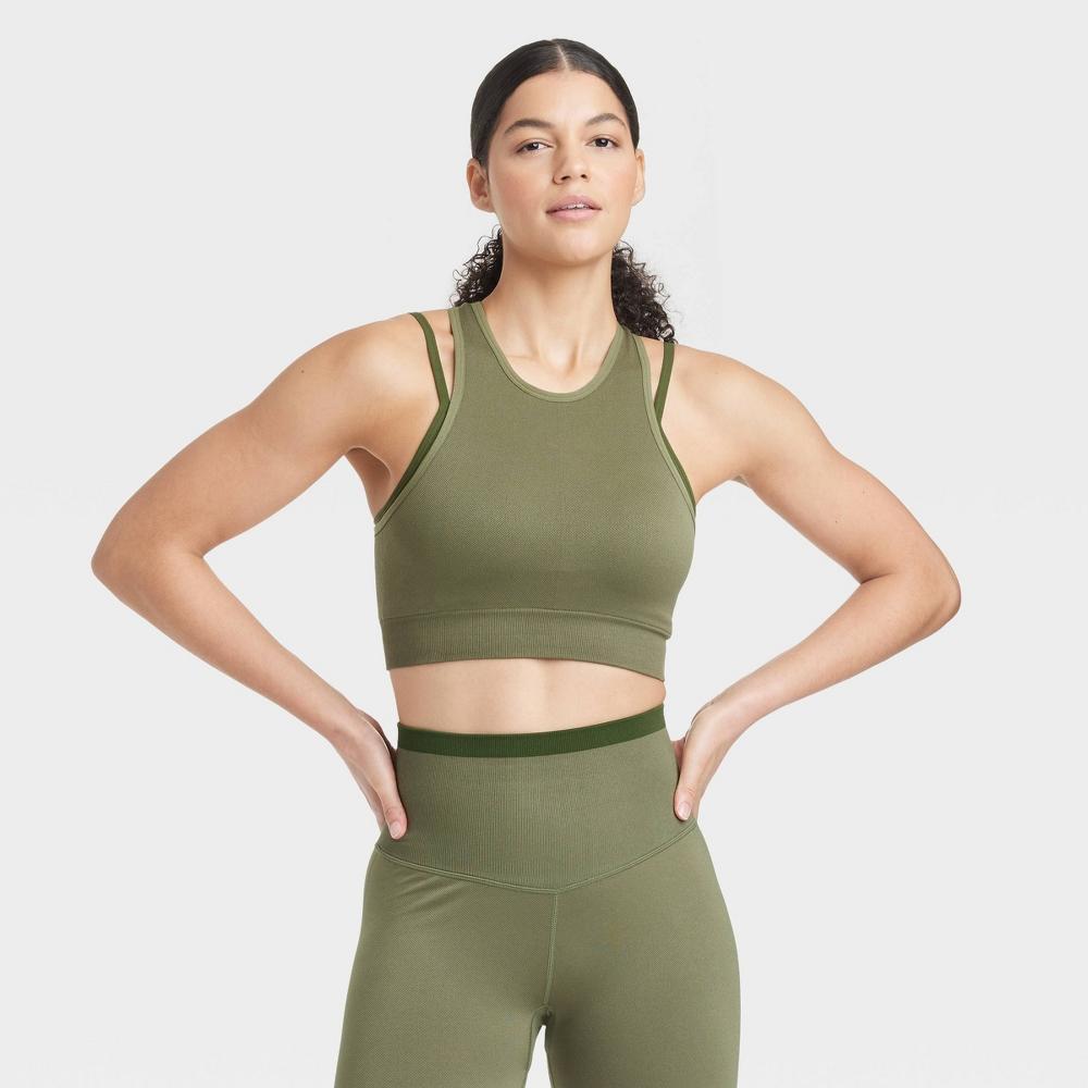 Womens Seamless Double Layer High Neck Bra - JoyLab Olive Product Image