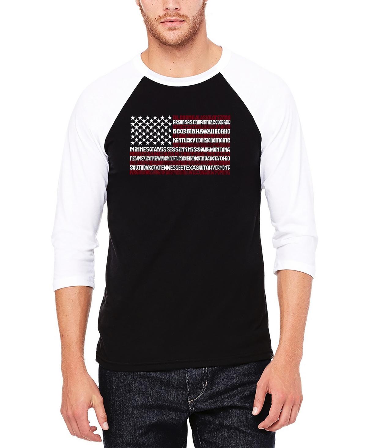 La Pop Art Mens Raglan Baseball 3/4 Sleeve 50 States Usa Flag Word Art T-shirt - Gray Product Image