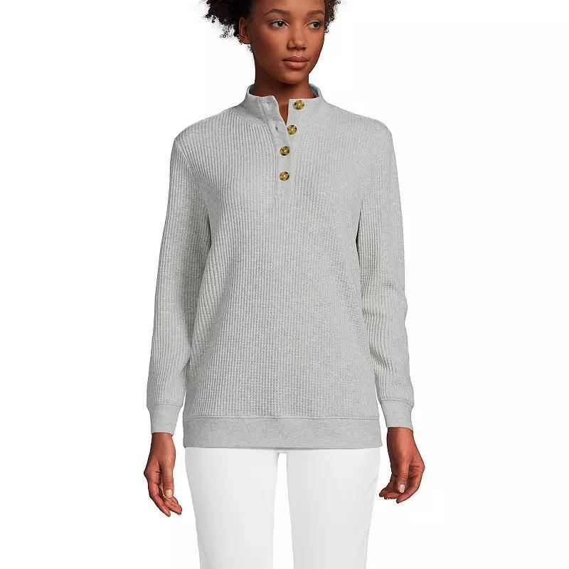 Womens Lands End Long-Sleeve Waffle Knit Button Placket Top Gray Grey Product Image