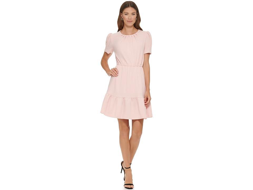 DKNY Ruffled Fit-and-Flare Dress with Puff Sleeve (Powder) Women's Dress Product Image