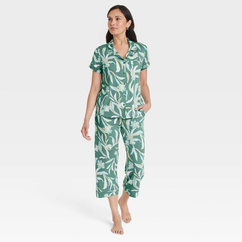 Womens Cloud Knit Short Sleeve Notch Collar Top and Cropped Pants Pajama Set - Auden /Floral XL Product Image